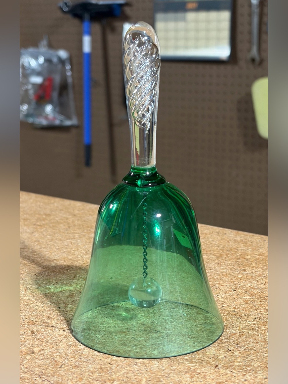 Vintage Green Glass Dinner Bell Twisted Spiral Handle